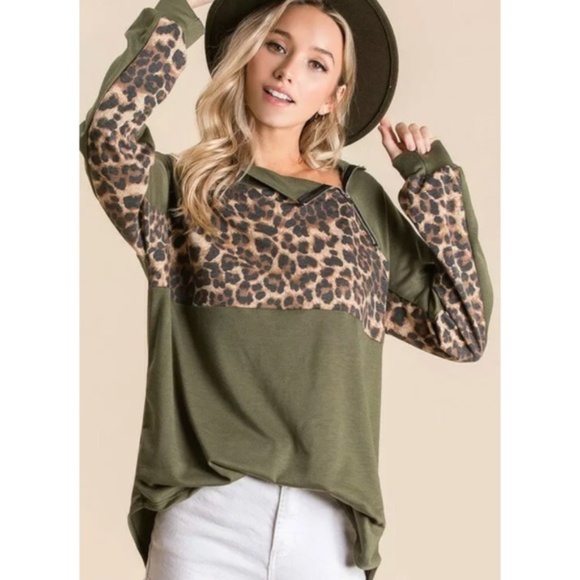 Olive Leopard Raglan Zipper Pullover Top - Picture 9 of 11